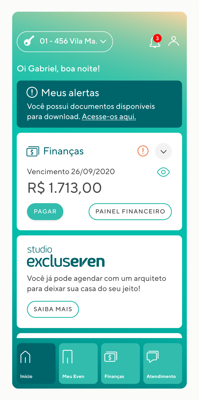 Even app home screen showing alerts, a financial summary, and a Studio Excluseven promo card.