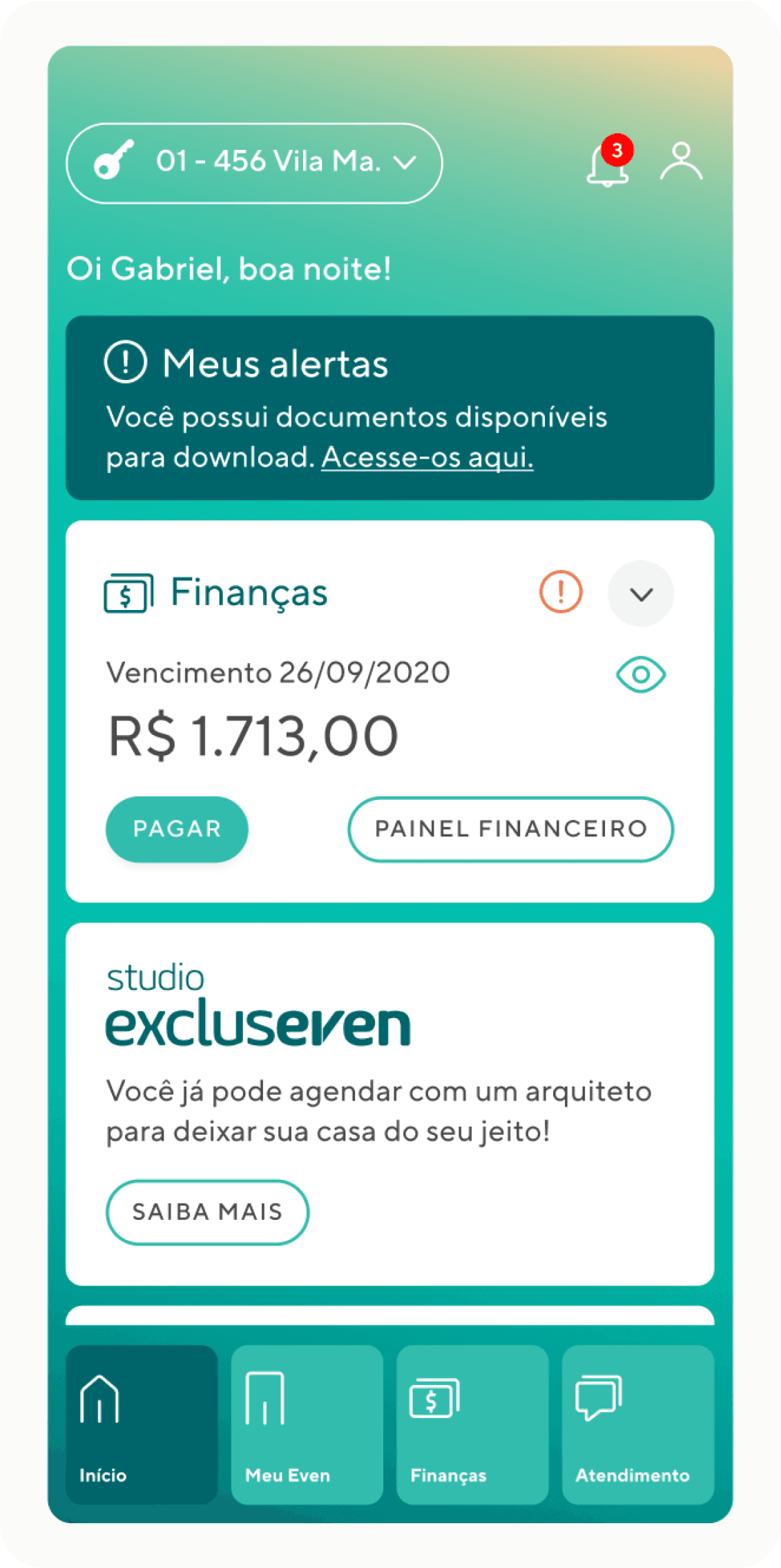 Even app home screen showing alerts, a financial summary, and a Studio Excluseven promo card.