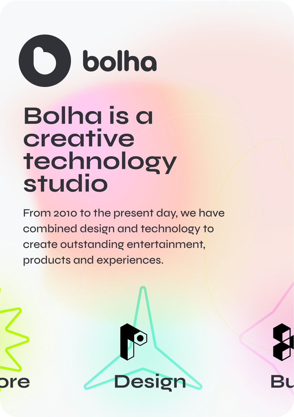 Bolha.ag homepage introducing the studio as a 'creative technology studio.'
