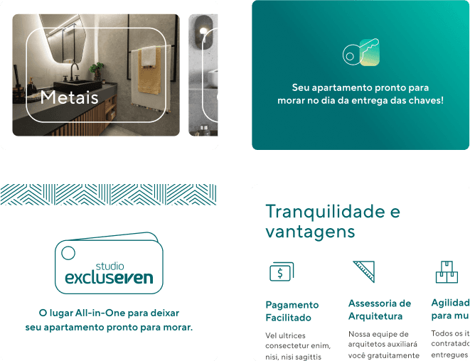 Composite of Even app screens: metal fixture selection, a delivery-ready notice, and the Studio Excluseven benefits grid.