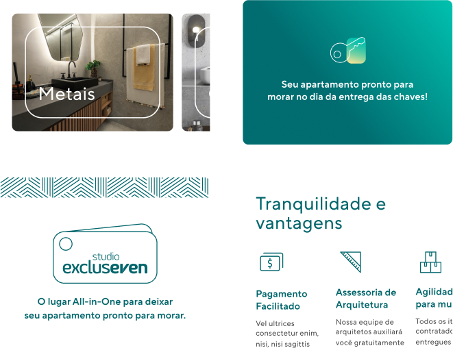 Composite of Even app screens: metal fixture selection, a delivery-ready notice, and the Studio Excluseven benefits grid.