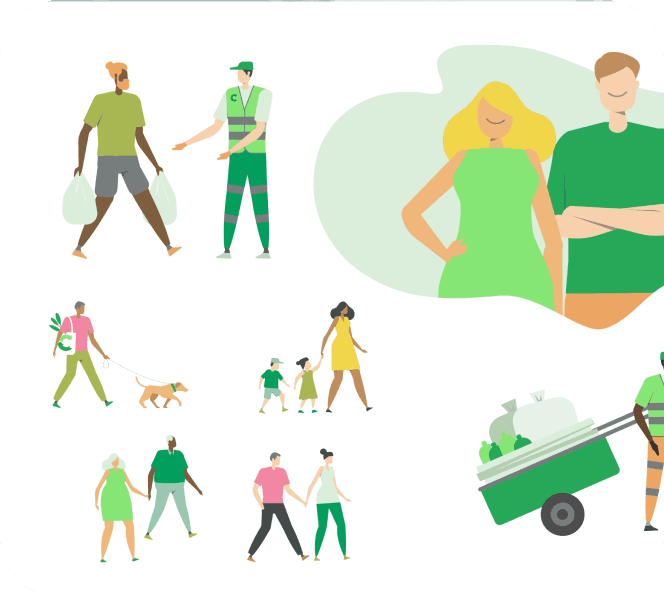 Character illustrations from the Cataki app representing waste generators, collectors, and buyers.